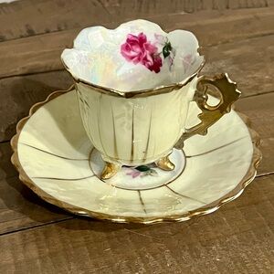 1950’s Kasuga ware hand painted iridescent cup & saucer set pearl pink rose